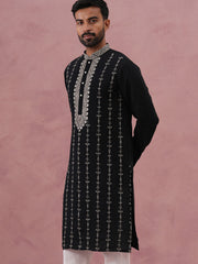 Black Silk Blend Kurta with Off White Geometric Embroidery (65KO 5385 Black ) [FF] [A-1-4]