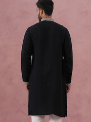 Black Silk Blend Kurta with Off White Geometric Embroidery (65KO 5385 Black ) [FF] [A-1-4]