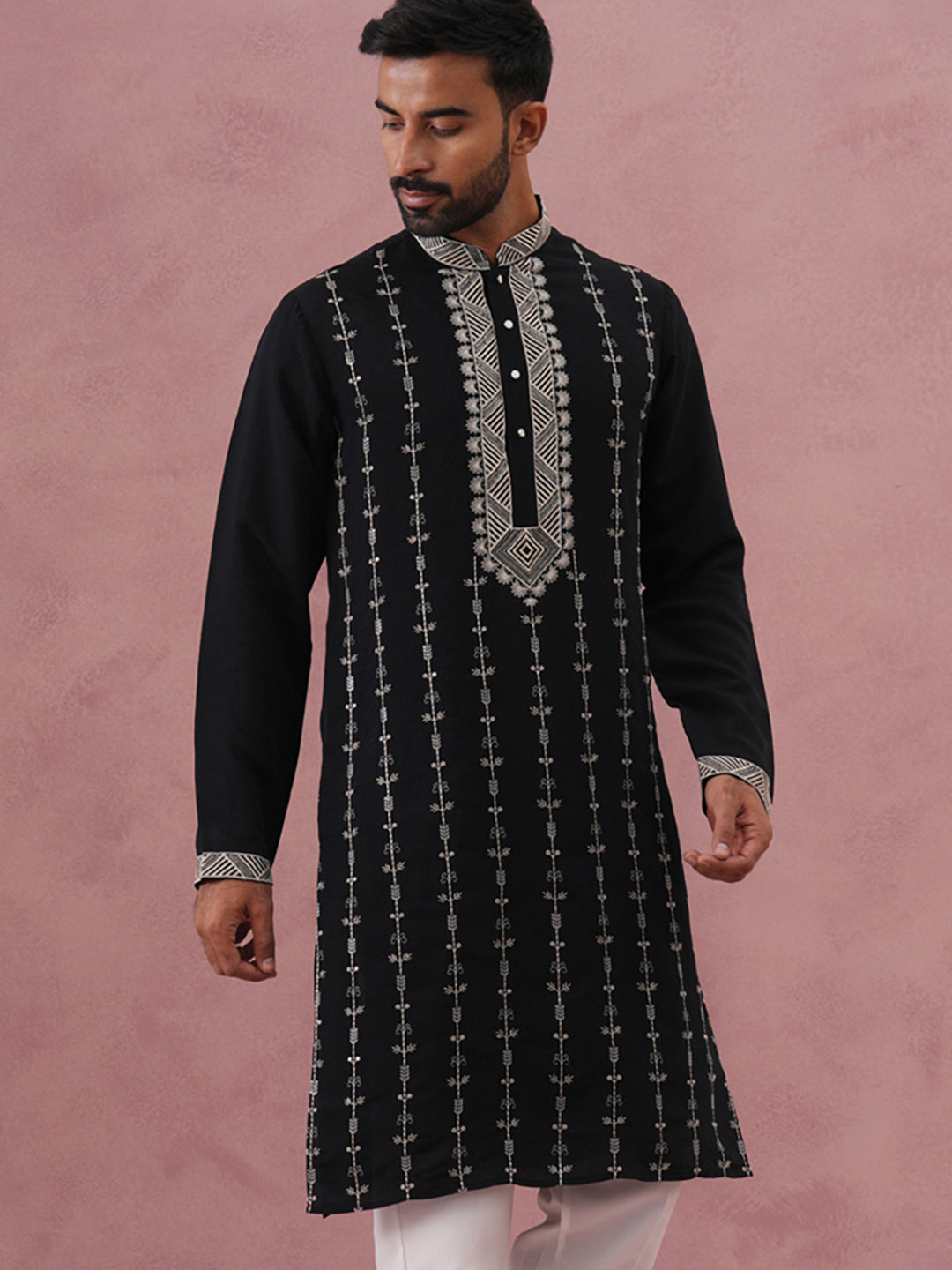 DesiQlo Men Embroidered Kurta Only - Black - 65KO_5385Black_S