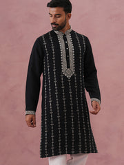 Black Silk Blend Kurta with Off White Geometric Embroidery (65KO 5385 Black ) [FF] [A-1-4]