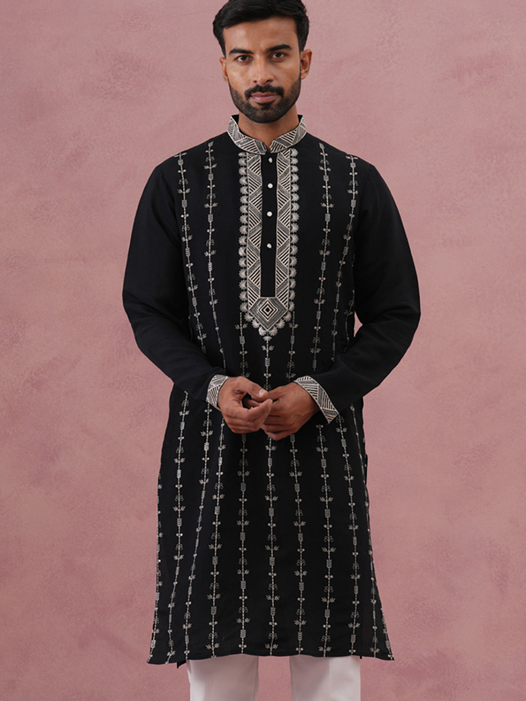 DesiQlo Men Embroidered Kurta Only - Black - 65KO_5385Black_S