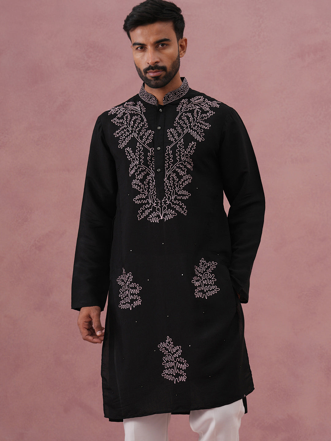 Black Silk Blend Embroidered Kurta (65KO 5386 Black ) [FF] [A-1-4]