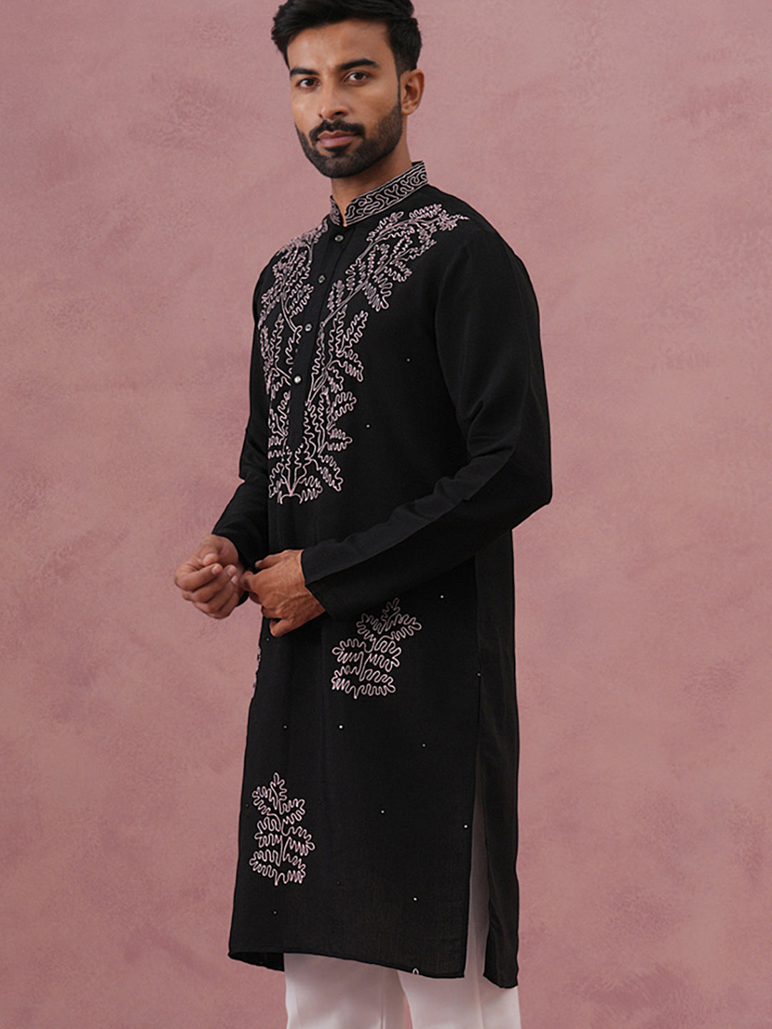 DesiQlo Men Embroidered Kurta Only - Black - 65KO_5386Black_S