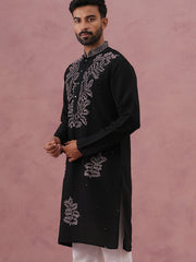 Black Silk Blend Embroidered Kurta (65KO 5386 Black ) [FF] [A-1-4]