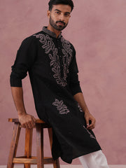Black Silk Blend Embroidered Kurta (65KO 5386 Black ) [FF] [A-1-4]