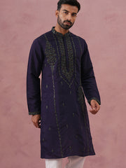 Navy Blue Silk Blend Embroidered Kurta ( 65KO 5387 Navy ) [FF] [J-1]