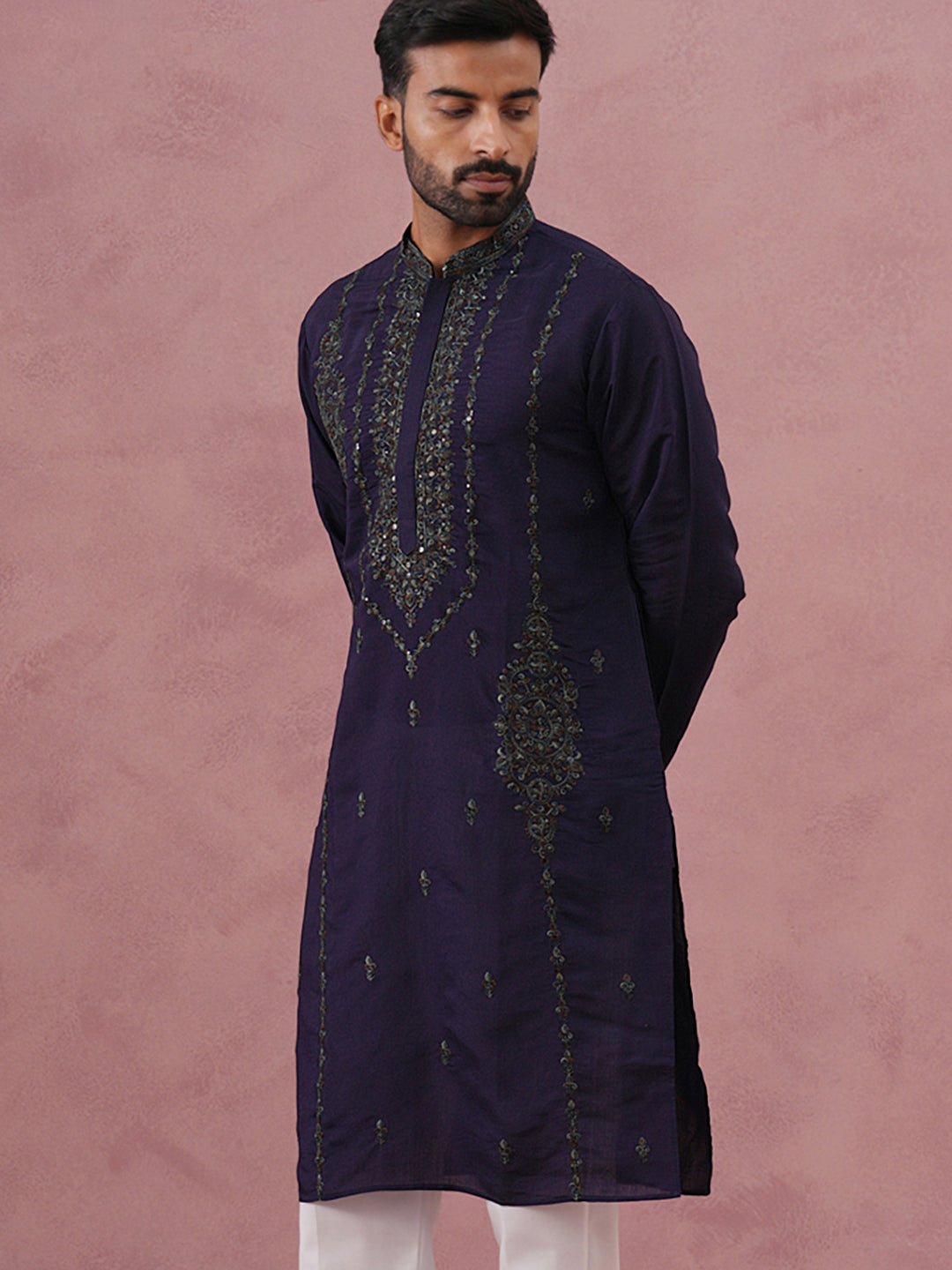 DesiQlo Men Embroidered Kurta Only - Blue - 65KO_5387Navy_S
