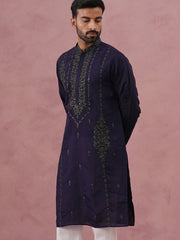 Navy Blue Silk Blend Embroidered Kurta ( 65KO 5387 Navy ) [FF] [J-1]