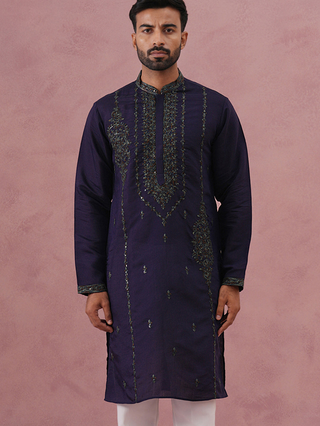DesiQlo Men Embroidered Kurta Only - Blue - 65KO_5387Navy_S