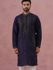 Navy Blue Silk Blend Embroidered Kurta ( 65KO 5387 Navy ) [FF] [J-1]
