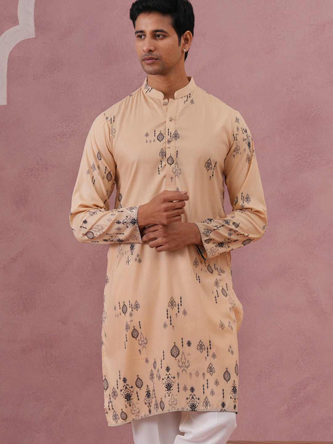 DesiQlo Men Printed Kurta Only - Beige - 65KO_5388Beige_S