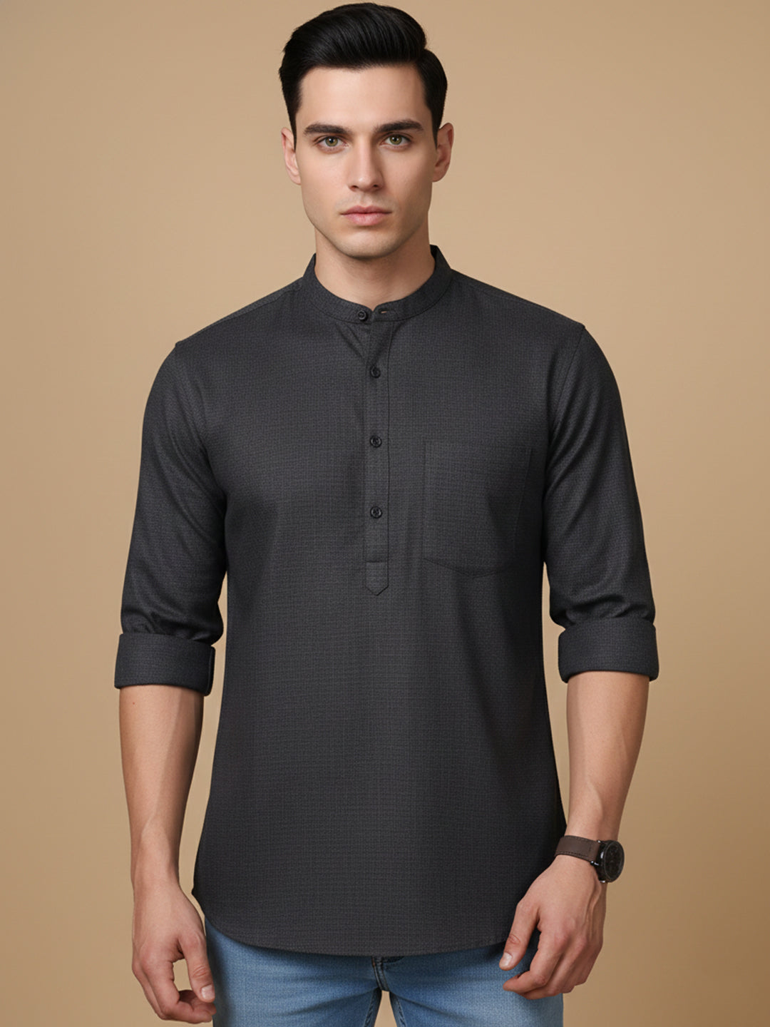 DesiQlo Men Checked Kurta Only - Grey - 65KO_5393Charcoal_S