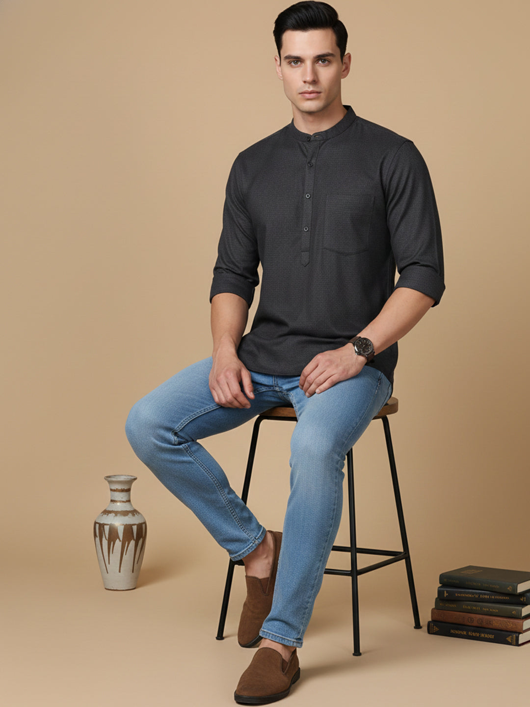 DesiQlo Men Checked Kurta Only - Grey - 65KO_5393Charcoal_S