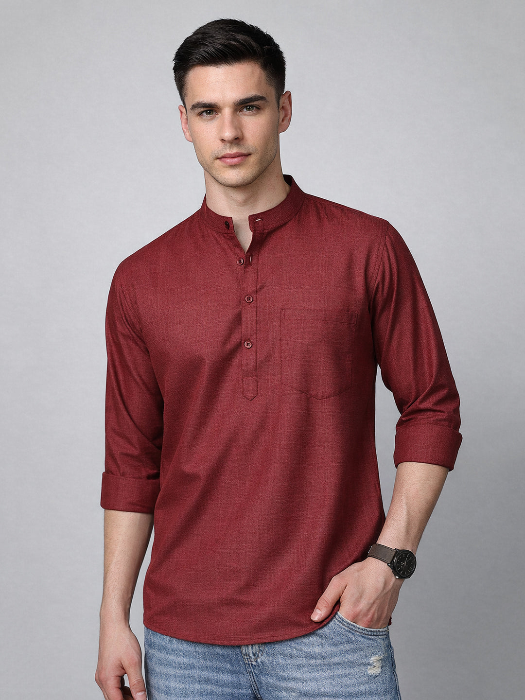 DesiQlo Men Checked Kurta Only - Maroon