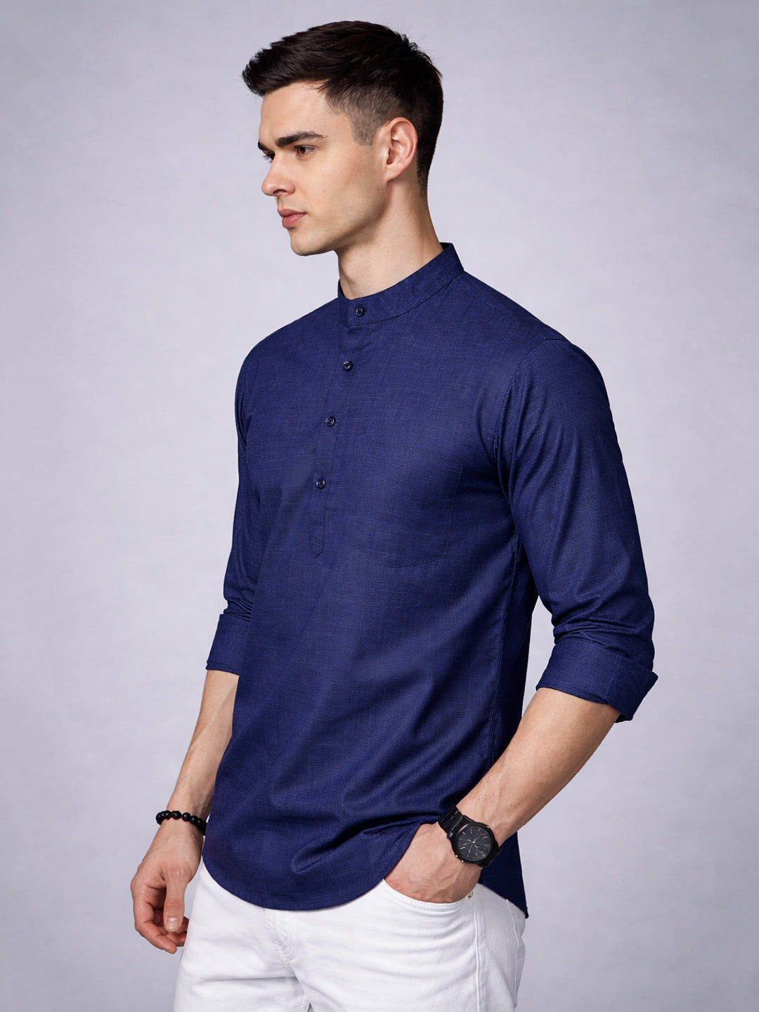 DesiQlo Men Checked Kurta Only - Blue - 65KO_5393Navy_S