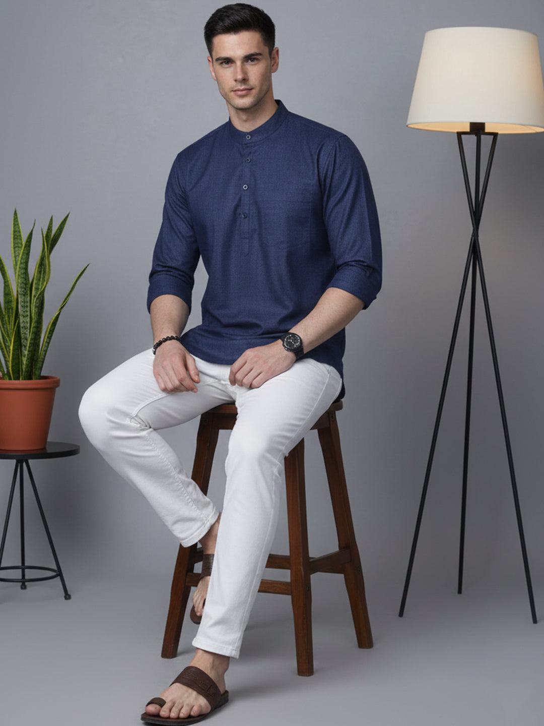 DesiQlo Men Checked Kurta Only - Blue - 65KO_5393Navy_S