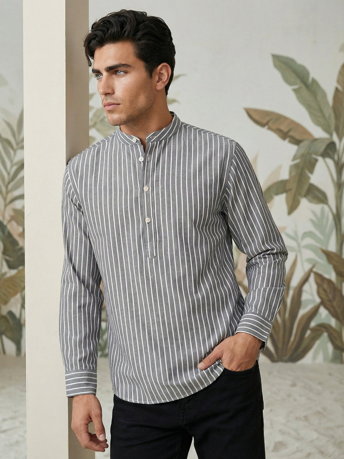Men’s Grey Striped Short Kurta ( 65KO 5394Grey S ) [FF] [E-9]
