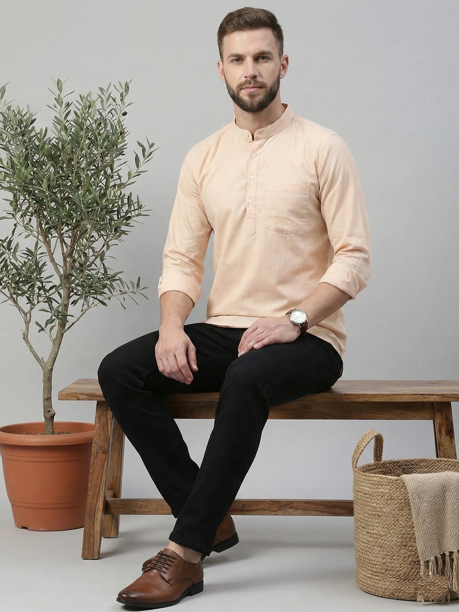 DesiQlo Men Solid Kurta Only - Orange - 65KO_5395Peach_S