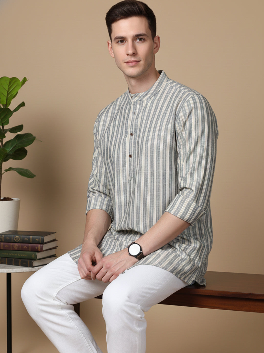DesiQlo Men Striped Kurta Only - Grey - 65KO_5396Grey_S