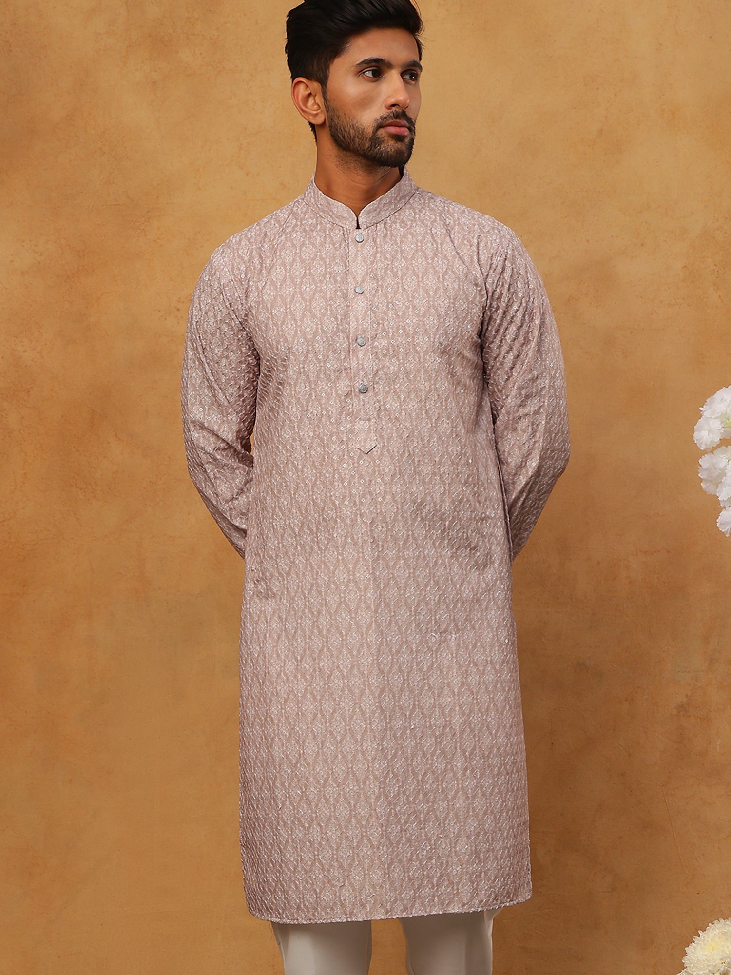 DesiQlo Men Floral Kurta Only - Beige