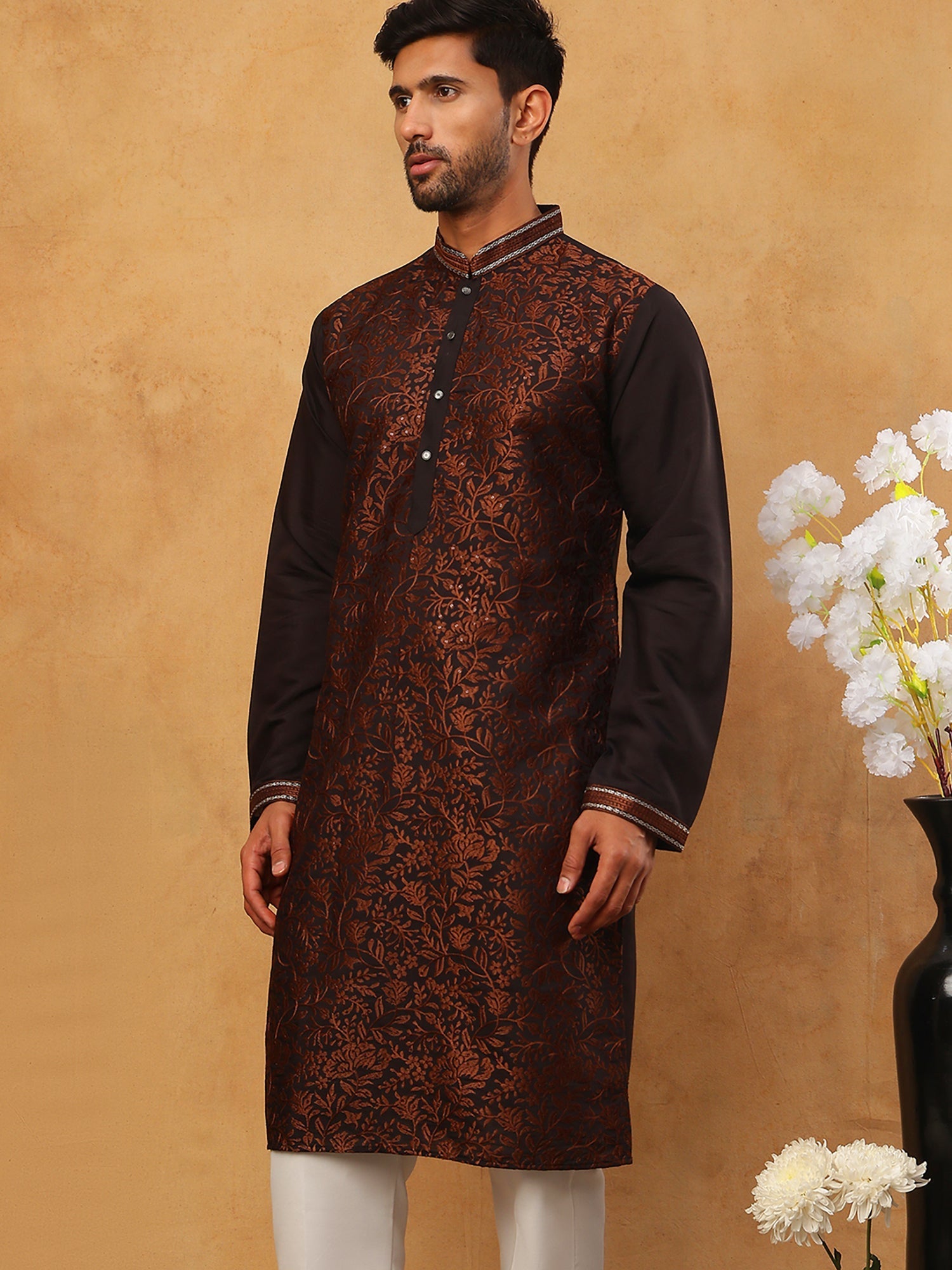 DesiQlo Men Floral Kurta Only - Multicolor - 65KO_5403Coffee_S