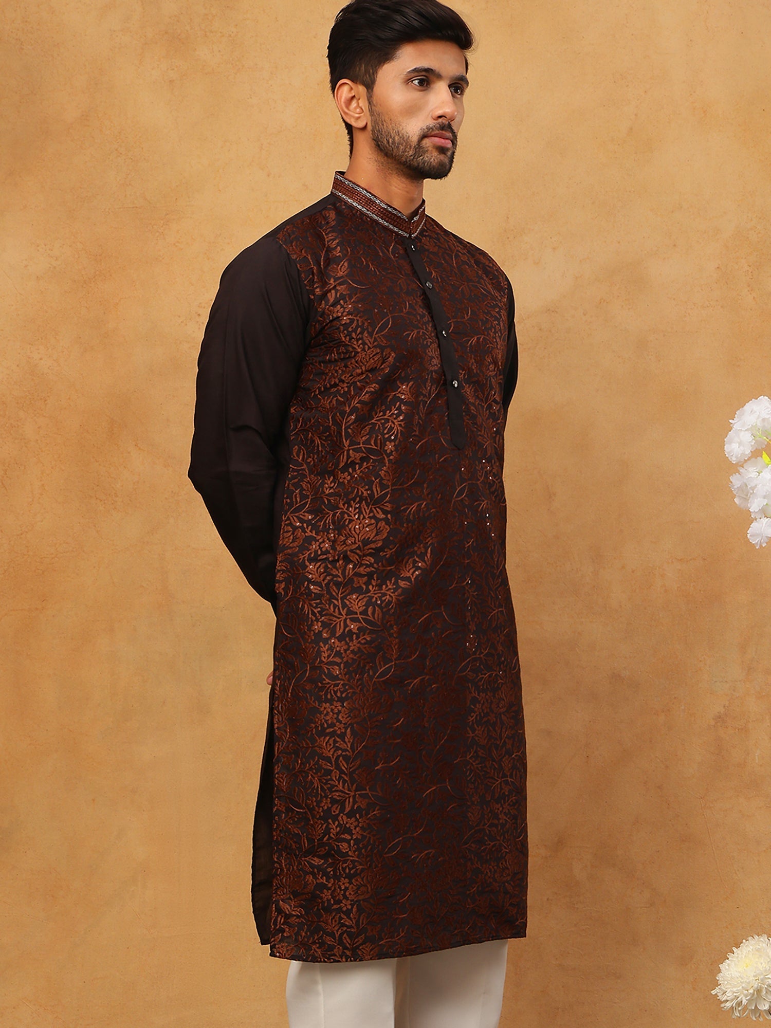 DesiQlo Men Floral Kurta Only - Multicolor - 65KO_5403Coffee_S