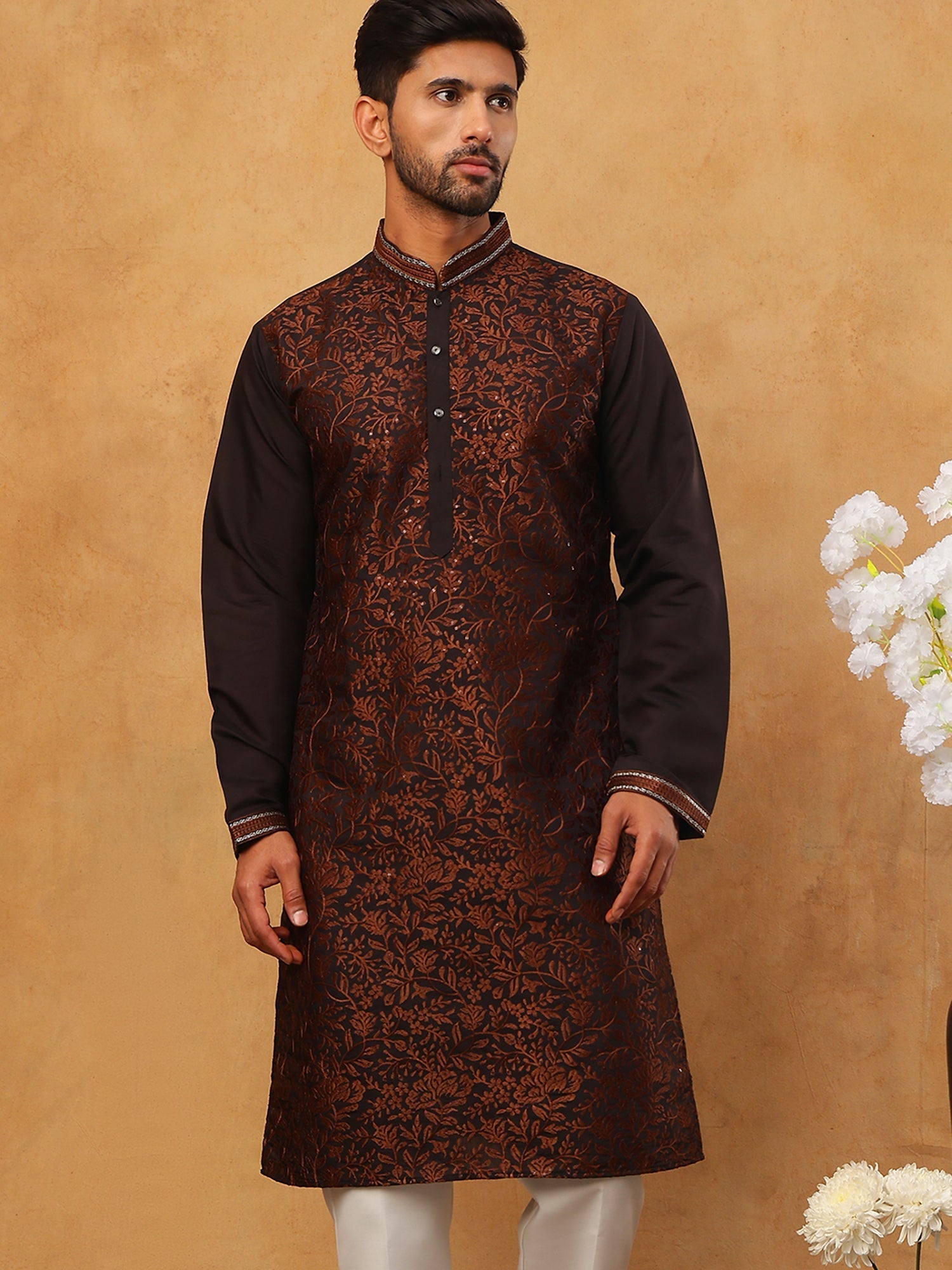 DesiQlo Men Floral Kurta Only - Multicolor - 65KO_5403Coffee_S