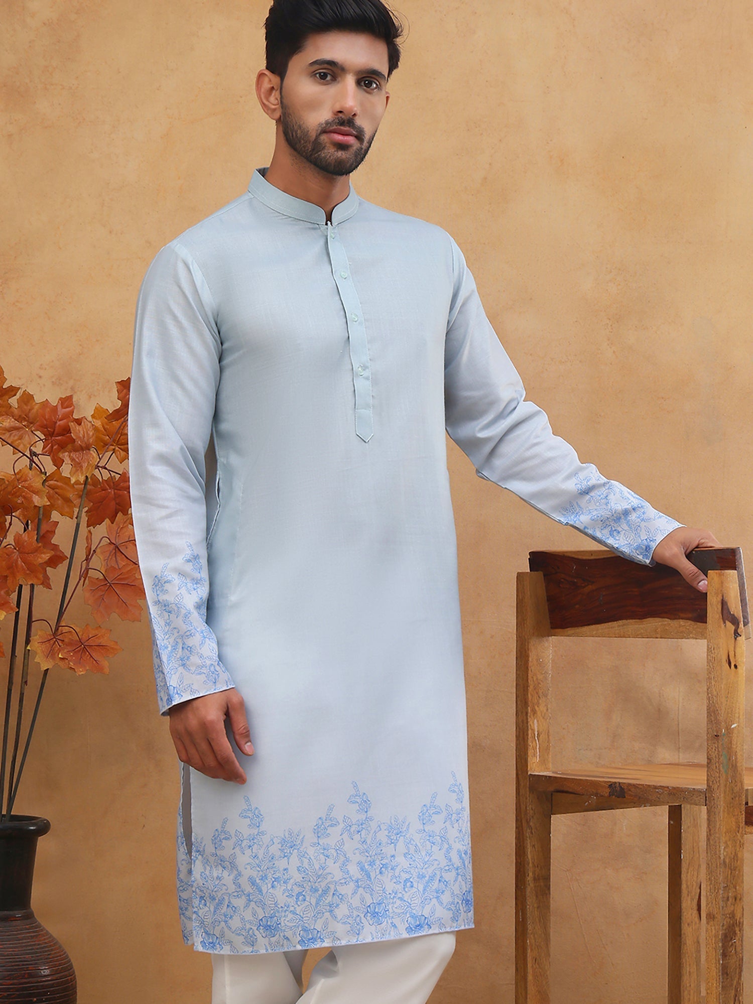 DesiQlo Men Floral Kurta Only - Blue - 65KO_5404Blue_S
