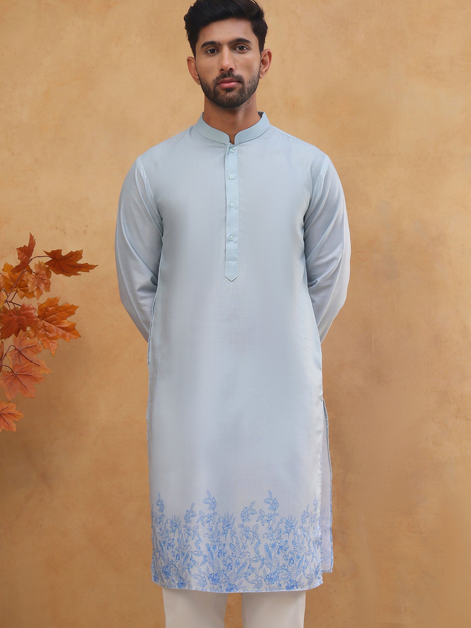 DesiQlo Men Floral Kurta Only - Blue - 65KO_5404Blue_S