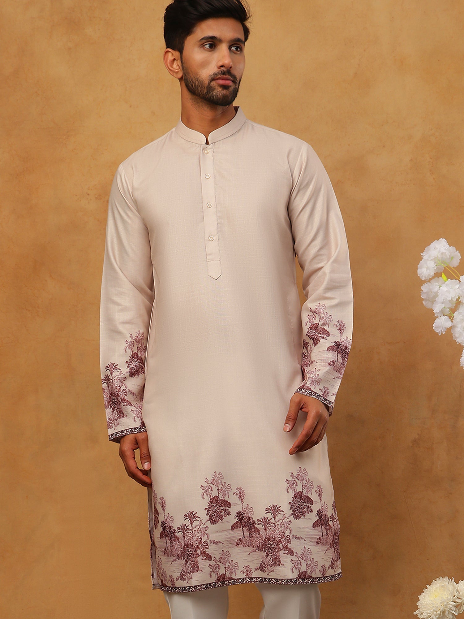 DesiQlo Men Floral Kurta Only - Orange - 65KO_5404Peach_S