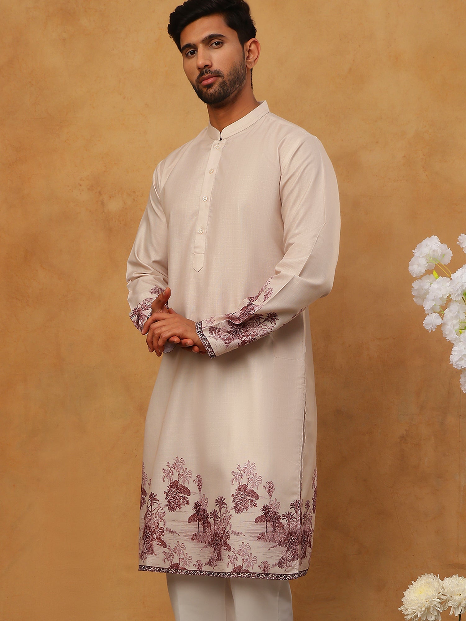 DesiQlo Men Floral Kurta Only - Orange - 65KO_5404Peach_S