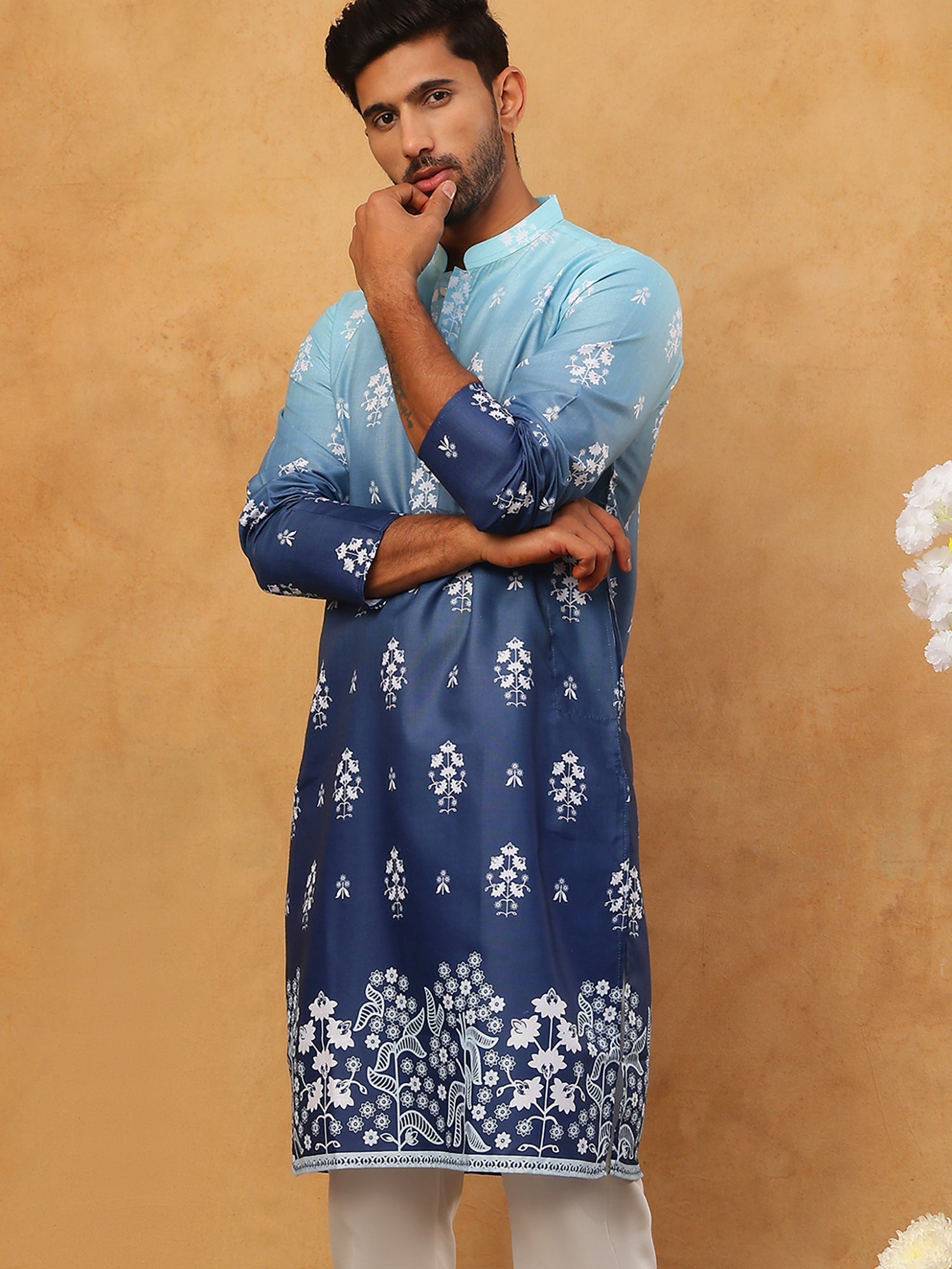 DesiQlo Men Floral Kurta Only - Blue - 65KO_5405Blue_S