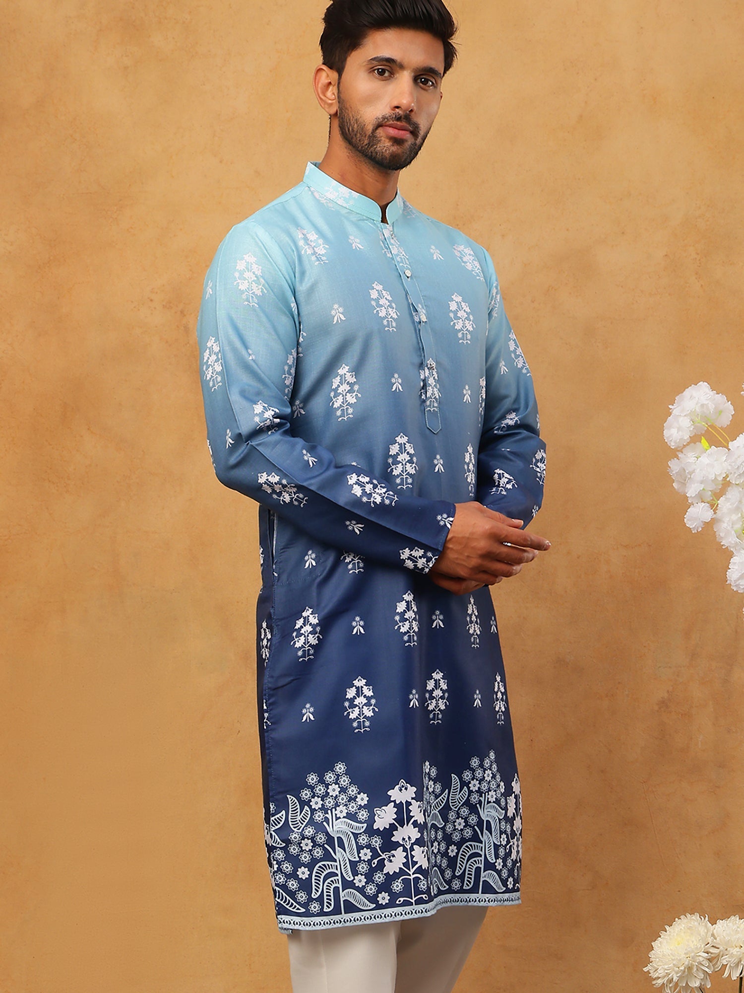 DesiQlo Men Floral Kurta Only - Blue - 65KO_5405Blue_S