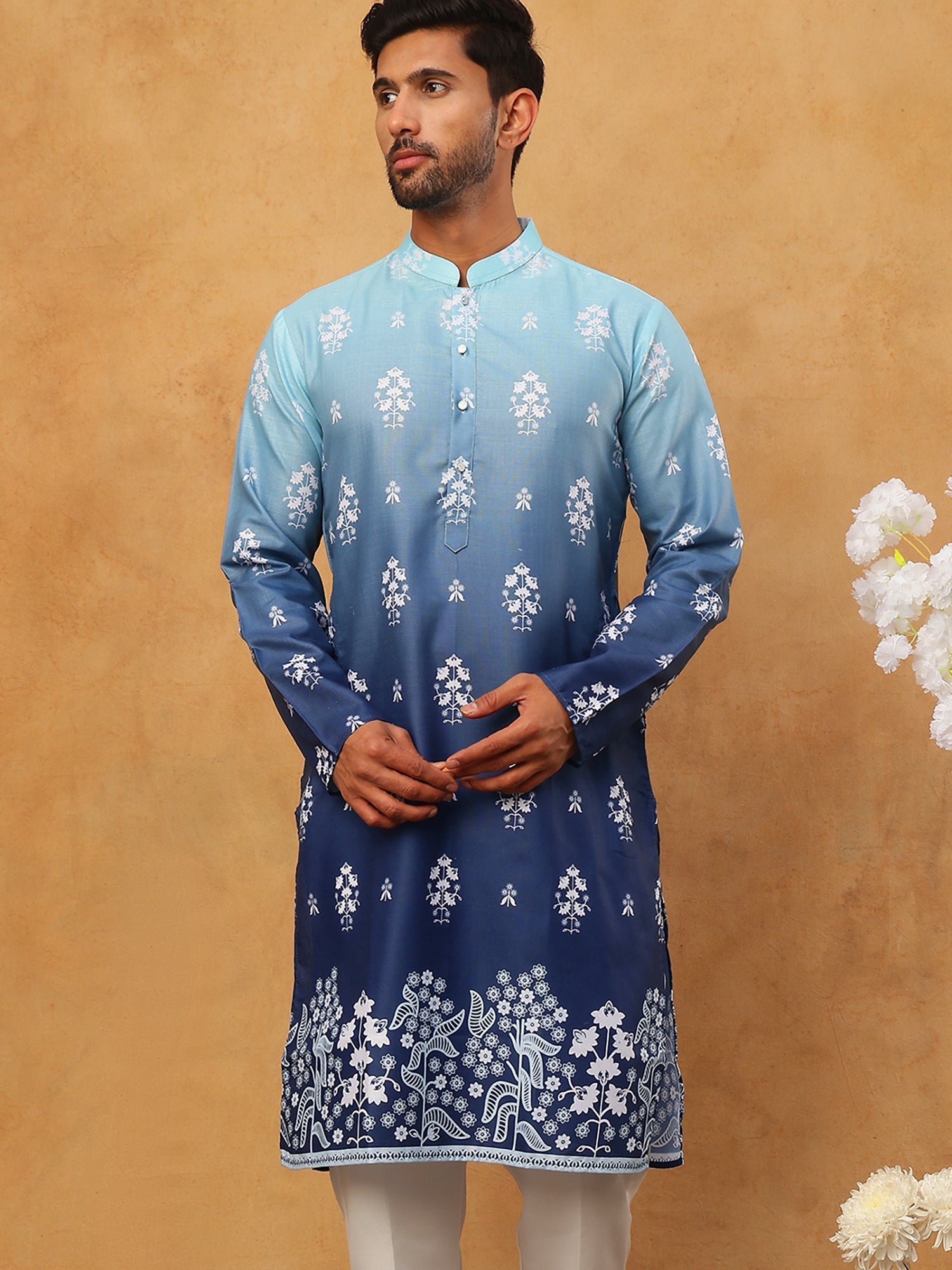 DesiQlo Men Floral Kurta Only - Blue - 65KO_5405Blue_S