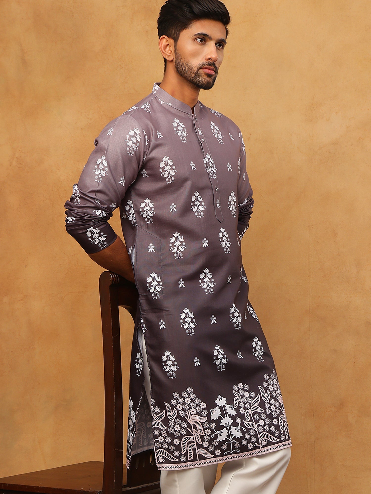 DesiQlo Men Floral Kurta Only - Grey