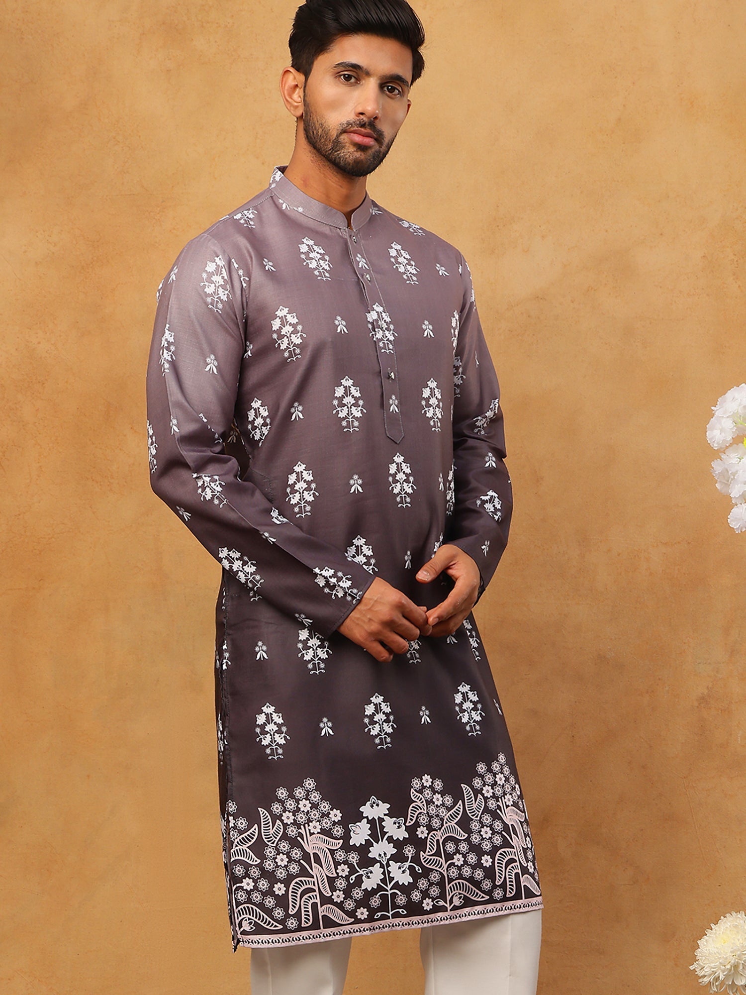 DesiQlo Men Floral Kurta Only - Grey