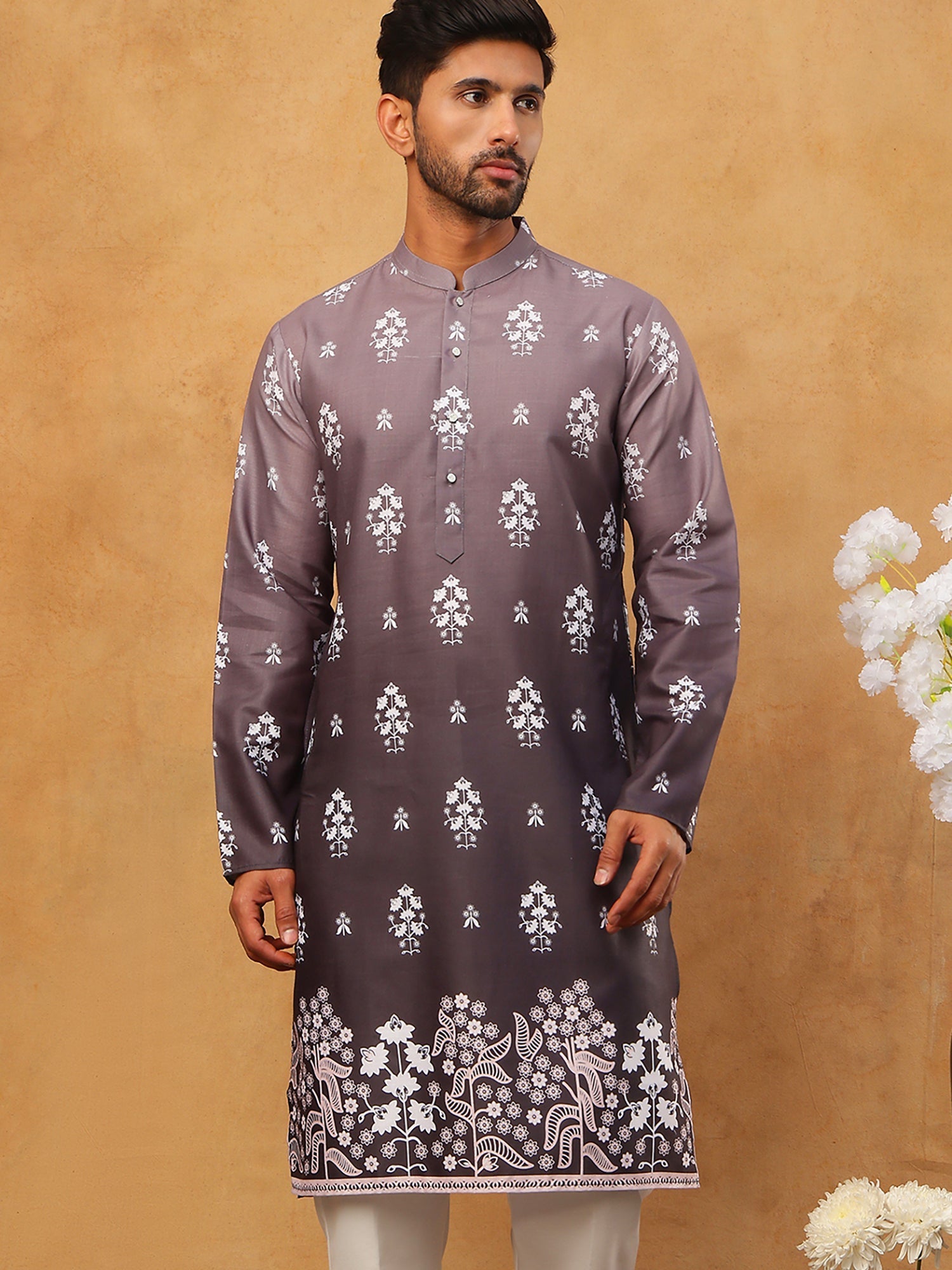 DesiQlo Men Floral Kurta Only - Grey