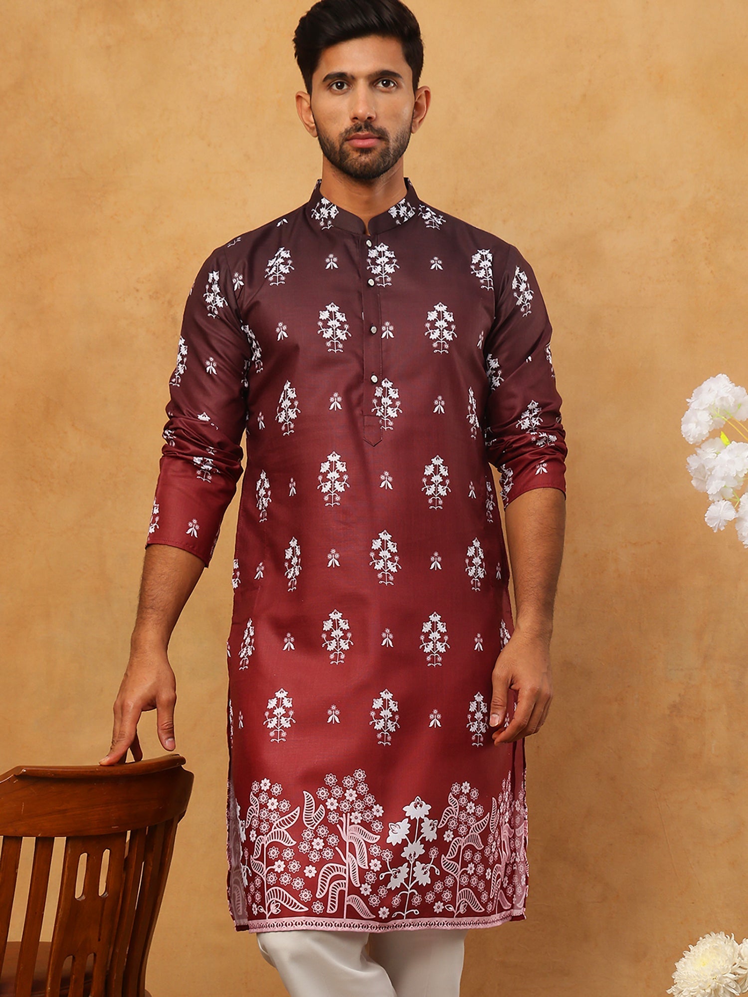 DesiQlo Men Floral Kurta Only - Maroon