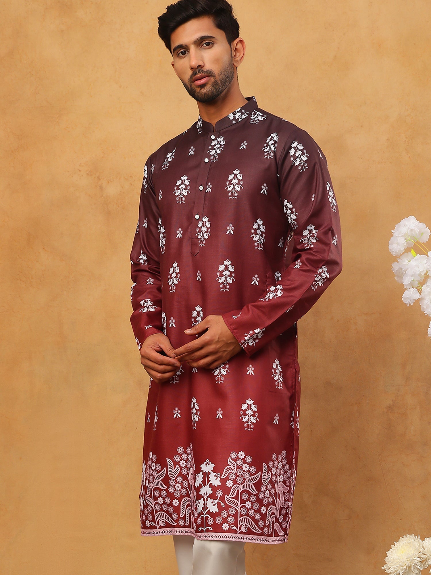 DesiQlo Men Floral Kurta Only - Maroon
