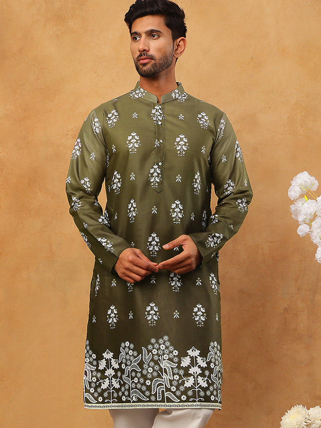 DesiQlo Men Floral Kurta Only - Green