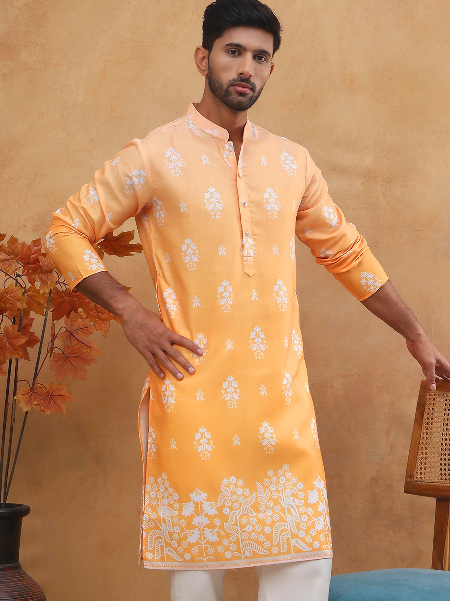 DesiQlo Men Floral Kurta Only - Orange - 65KO_5405Orange_S