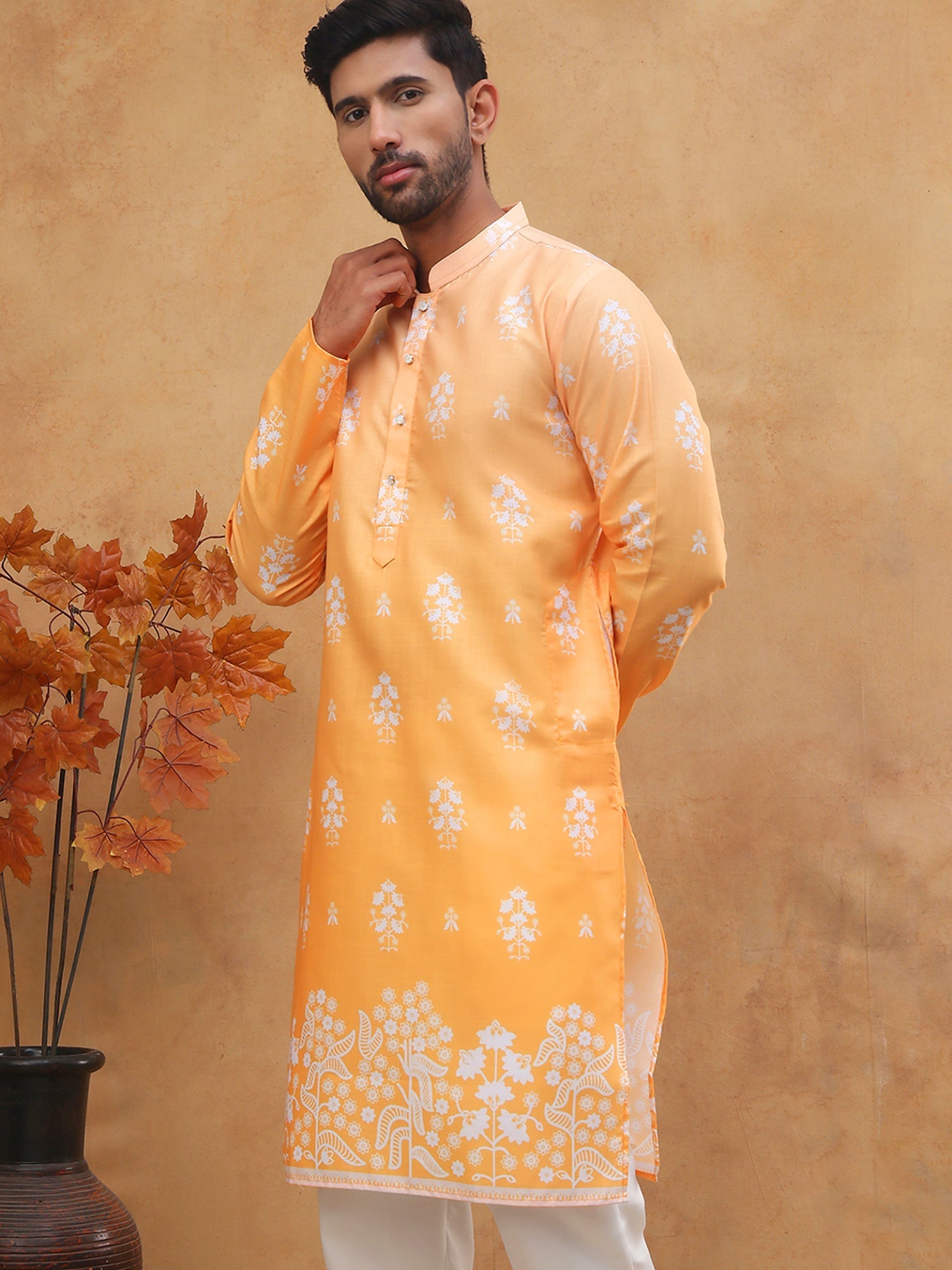 DesiQlo Men Floral Kurta Only - Orange - 65KO_5405Orange_S