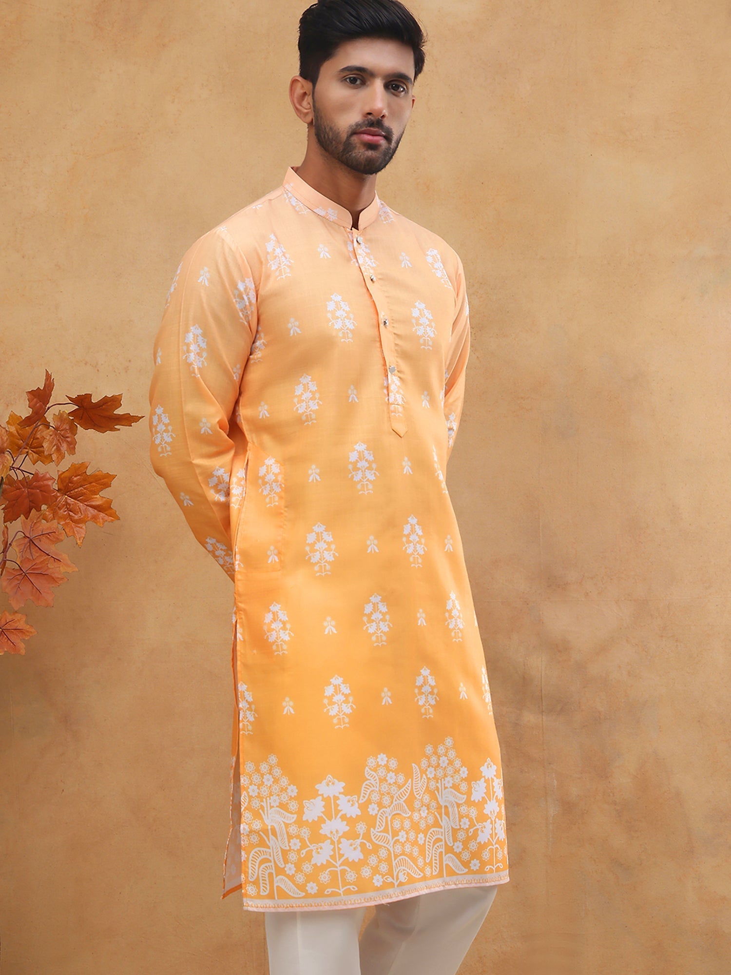 DesiQlo Men Floral Kurta Only - Orange - 65KO_5405Orange_S