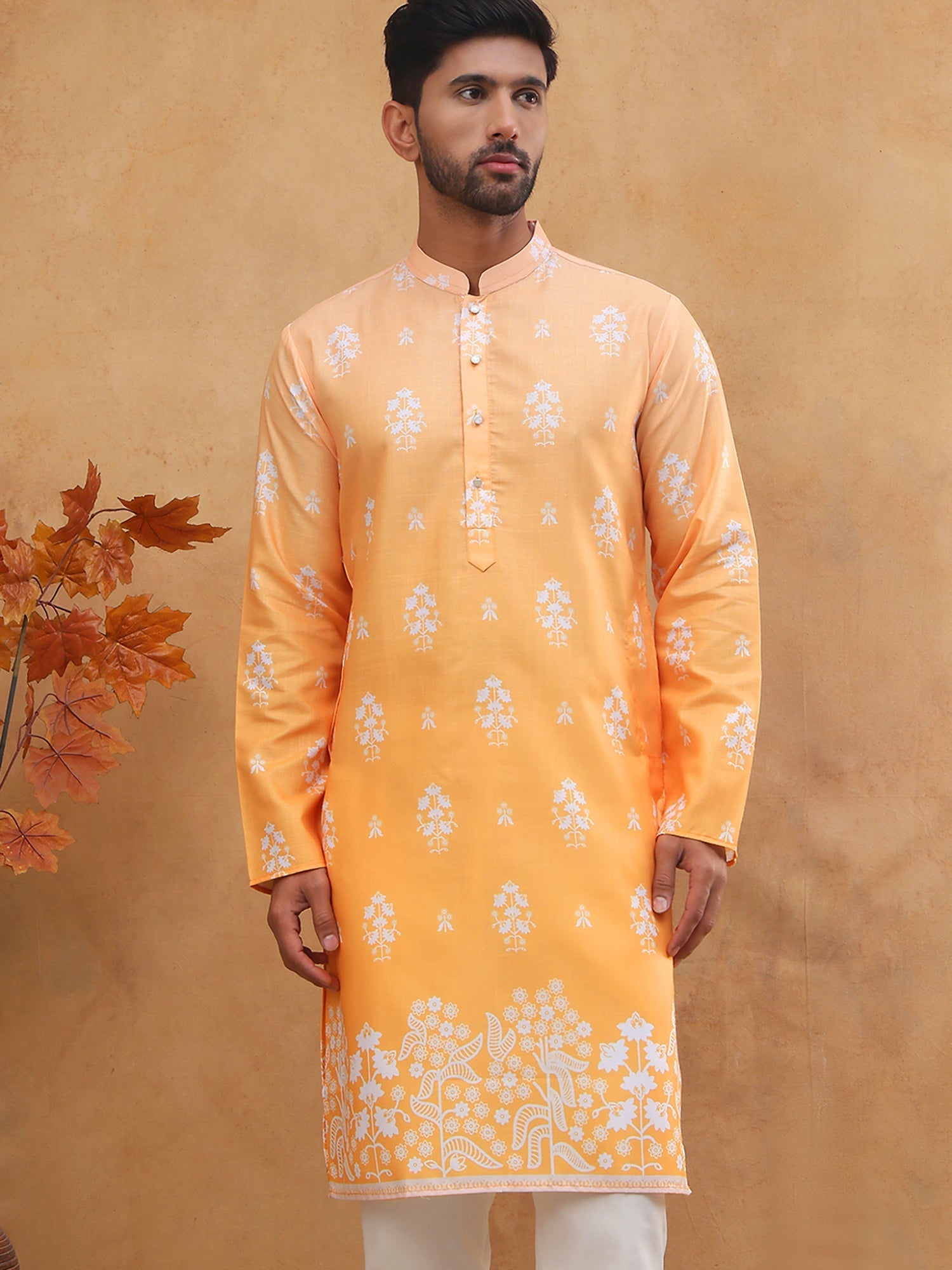 DesiQlo Men Floral Kurta Only - Orange - 65KO_5405Orange_S