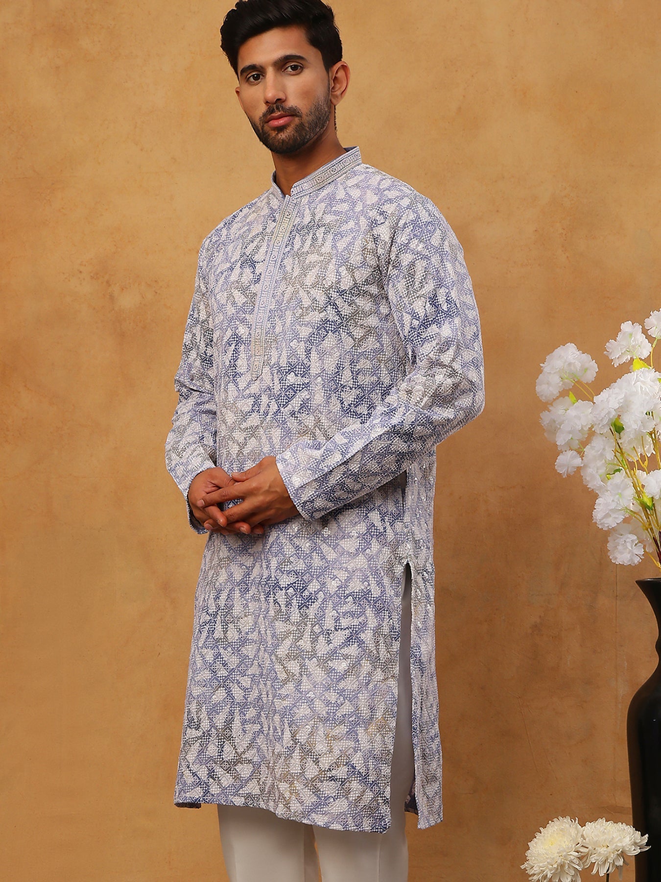 DesiQlo Men Geometric Kurta Only - Blue