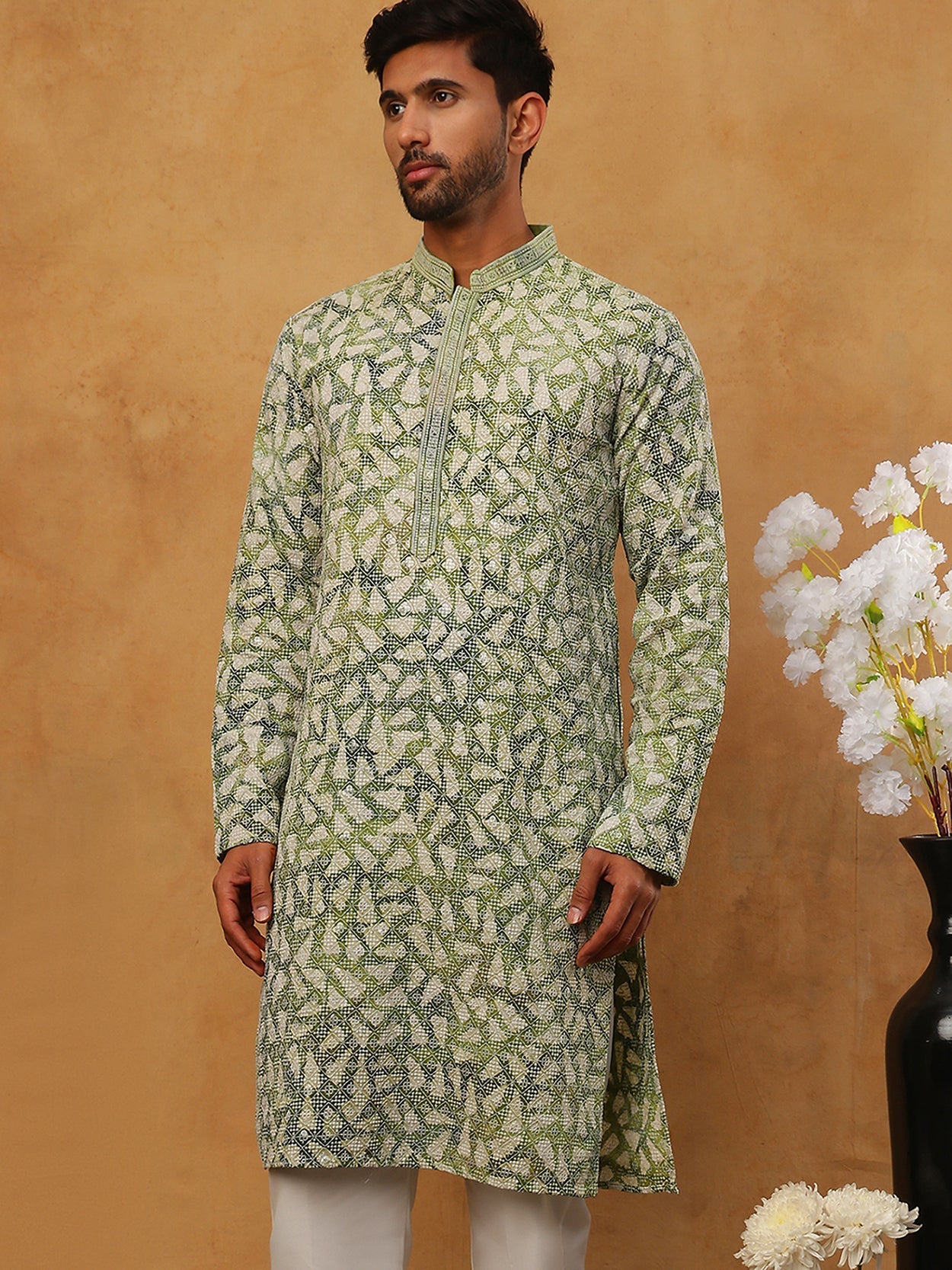 DesiQlo Men Geometric Kurta Only - Green
