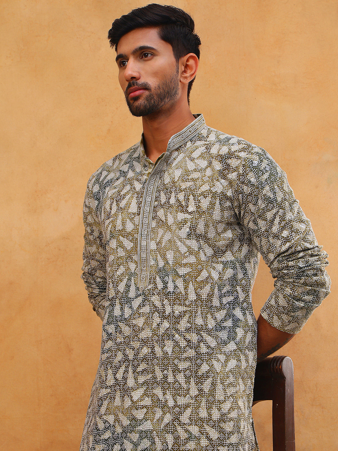 Printed & Embroidered Kurta (65KO 5406 Olive ) [FF] [G-8]