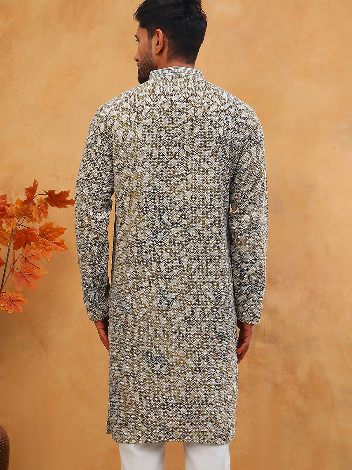 DesiQlo Men Geometric Kurta Only - Green - 65KO_5406Olive_S