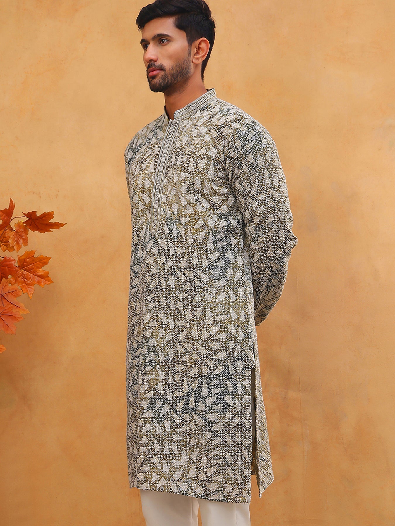 DesiQlo Men Geometric Kurta Only - Green - 65KO_5406Olive_S