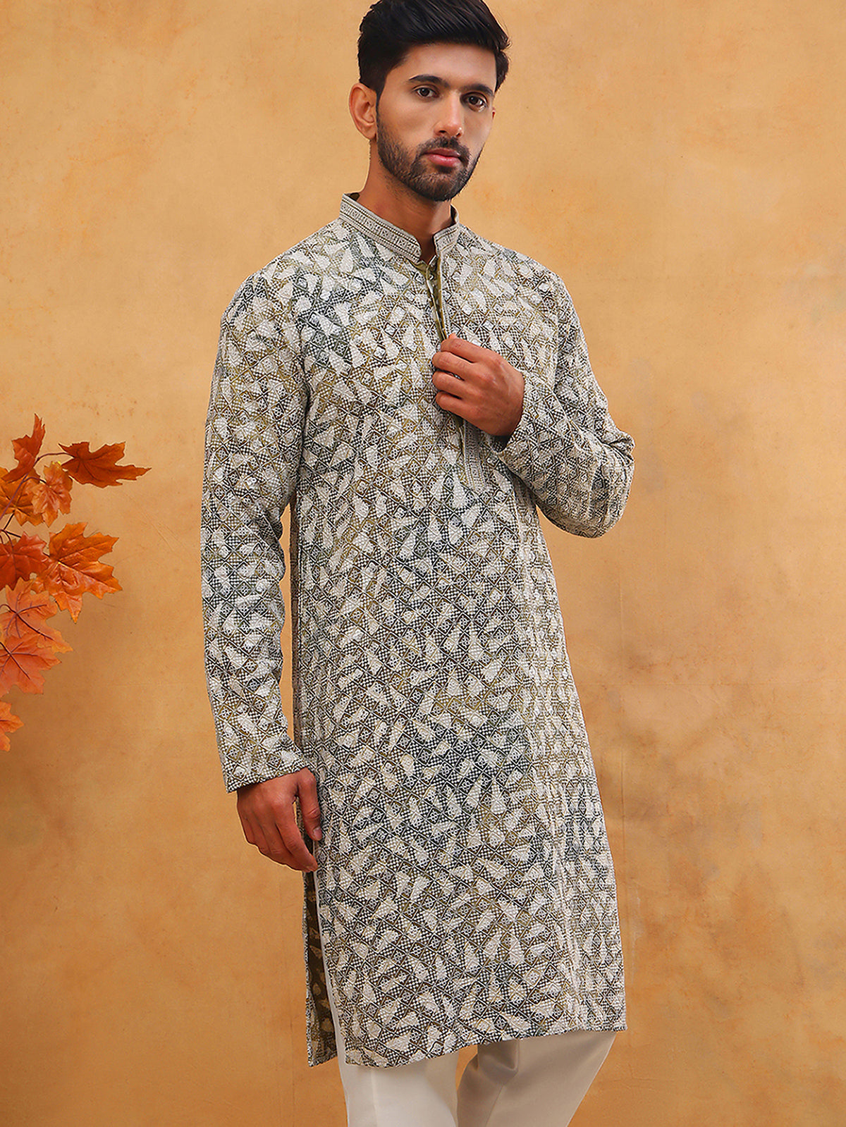 DesiQlo Men Geometric Kurta Only - Green - 65KO_5406Olive_S